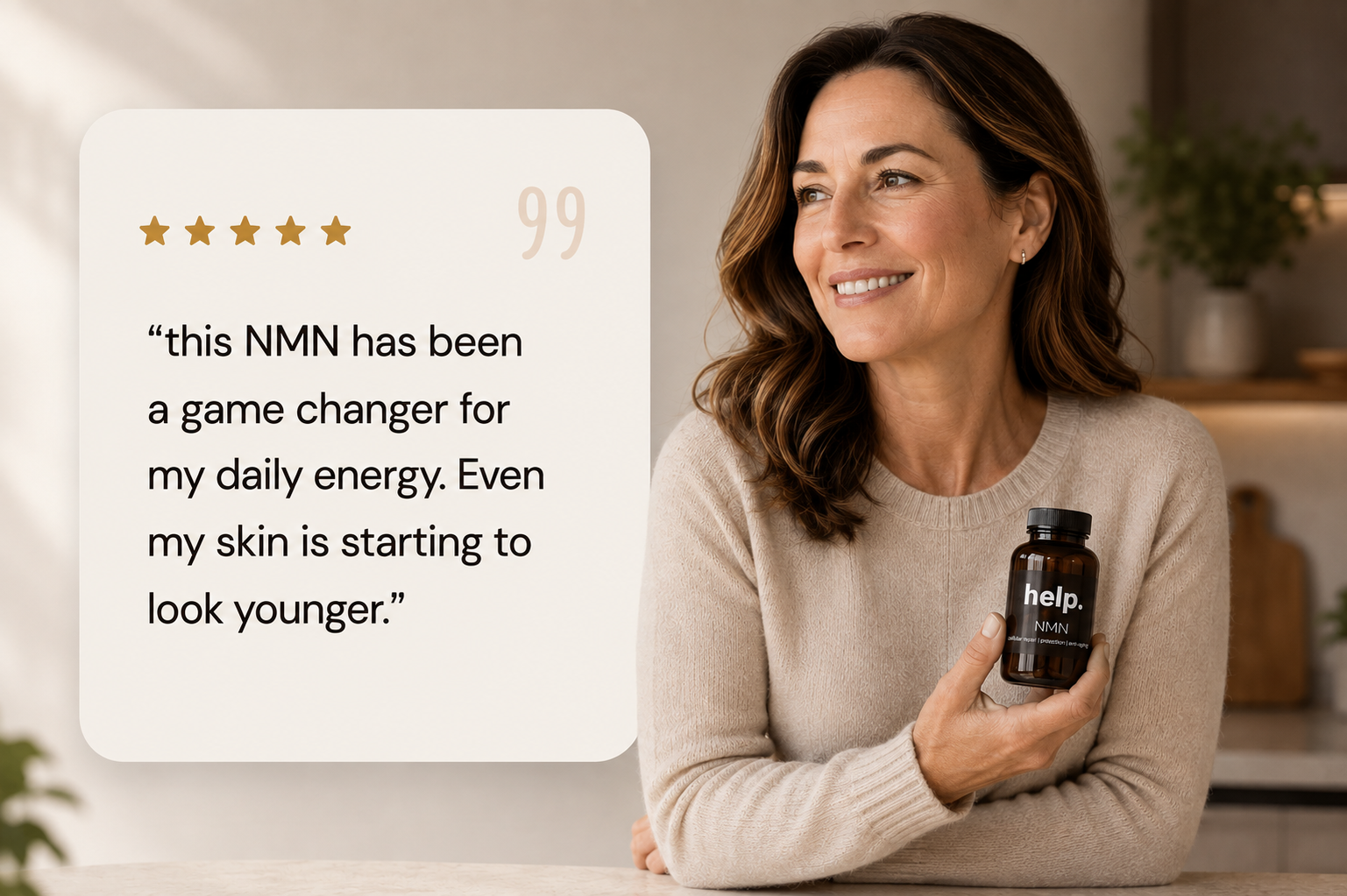Customer holding a help. NMN bottle beside her five-star review
